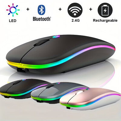 Belaidė pelė „Bluetooth“ ir 2,4 GHz dviejų režimų įkraunamas RGB Ergonomiškas tylus paspaudimas asmeniniam kompiuteriui iPad nešiojamasis kompiuteris mobilusis telefonas