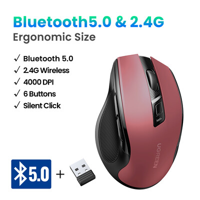 UGREEN juhtmeta hiir Bluetooth 5.0 ergonoomiline 4000 DPI 6 vaigistusnupud MacBooki arvuti tahvelarvuti sülearvuti 2.4G hiirehiir jaoks