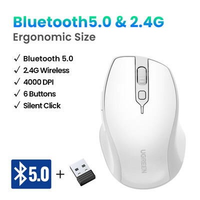 UGREEN juhtmeta hiir Bluetooth 5.0 ergonoomiline 4000 DPI 6 vaigistusnupud MacBooki arvuti tahvelarvuti sülearvuti 2.4G hiirehiir jaoks