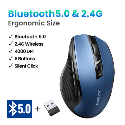 UGREEN juhtmeta hiir Bluetooth 5.0 ergonoomiline 4000 DPI 6 vaigistusnupud MacBooki arvuti tahvelarvuti sülearvuti 2.4G hiirehiir jaoks