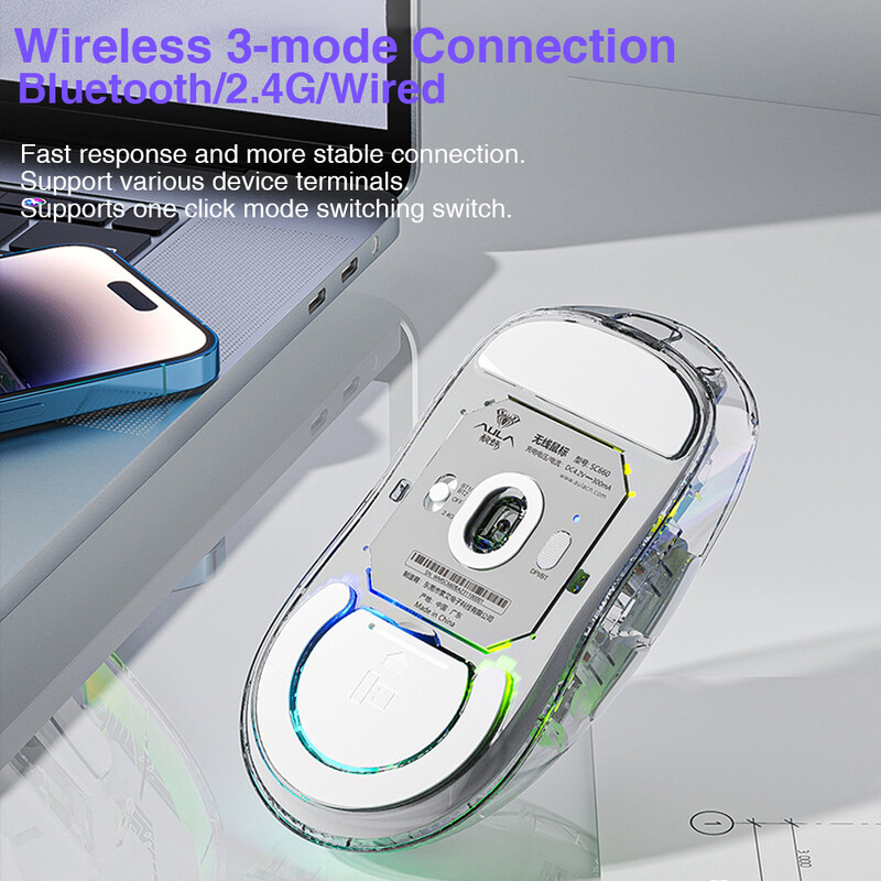 Mouse fără fir AULA SC660 Mouse pentru jocuri Bluetooth 10000 DPI Senzor optic Macro Mouse ergonomic programabil pentru laptop PC Gamer