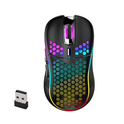 Kvaliteetne kerge 2,4G juhtmevaba RGB mänguhiir 7200DPI kärgstruktuuriga ergonoomiline arvuti sülearvutile, mustvalge