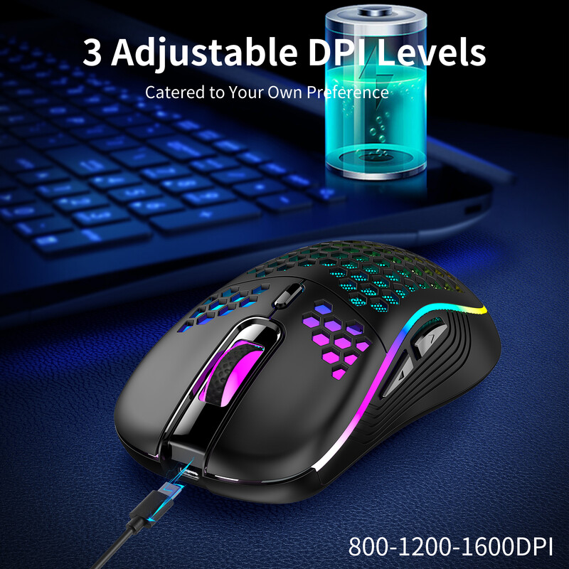 Kvaliteetne kerge 2,4G juhtmevaba RGB mänguhiir 7200DPI kärgstruktuuriga ergonoomiline arvuti sülearvutile, mustvalge