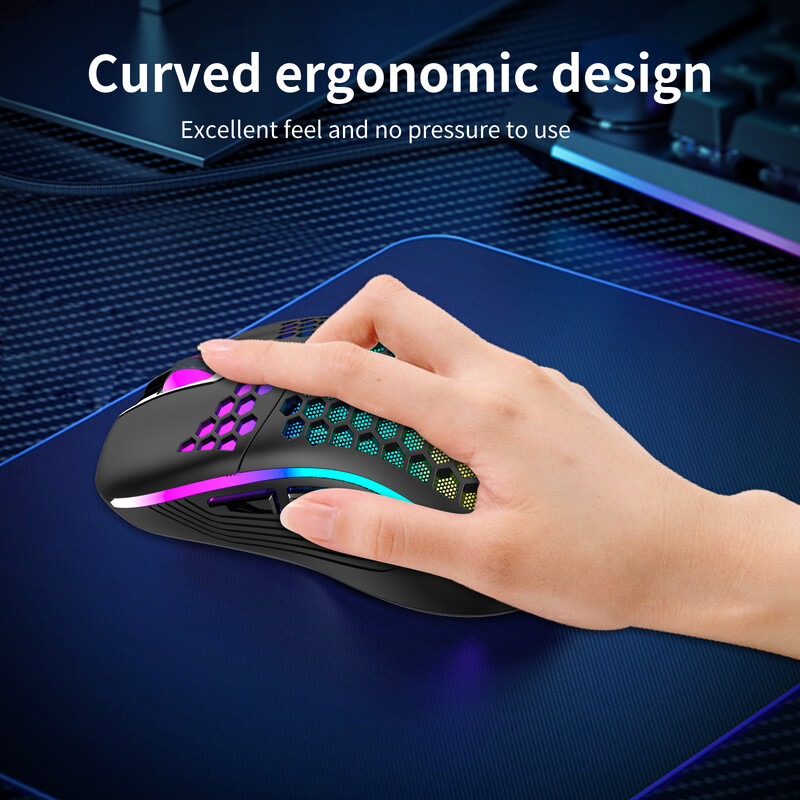 Kvaliteetne kerge 2,4G juhtmevaba RGB mänguhiir 7200DPI kärgstruktuuriga ergonoomiline arvuti sülearvutile, mustvalge