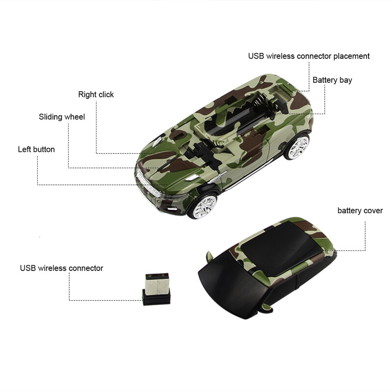 CHYI Wireless Mini Mouse pentru computer în formă de mașină Ergonomic Usb optic PC Mause Camuflaj drăguț SUV Cadou mașină LED Soareci pentru copii Laptop