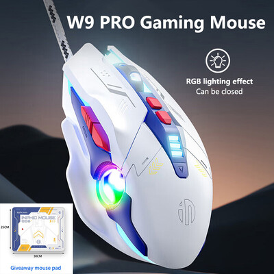 Inphic W9P Кабелна игрална мишка RGB светлинен ефект Mute Mouse Ергономичен комфорт и усещане 6-скоростна настройка на DPI за компютърен лаптоп