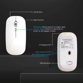 2.4G+Bluetooth Ασύρματο ποντίκι Backlight Jiggler Mouse Επαναφορτιζόμενα Αθόρυβα Εργονομικά Ποντίκια για φορητό υπολογιστή iPad