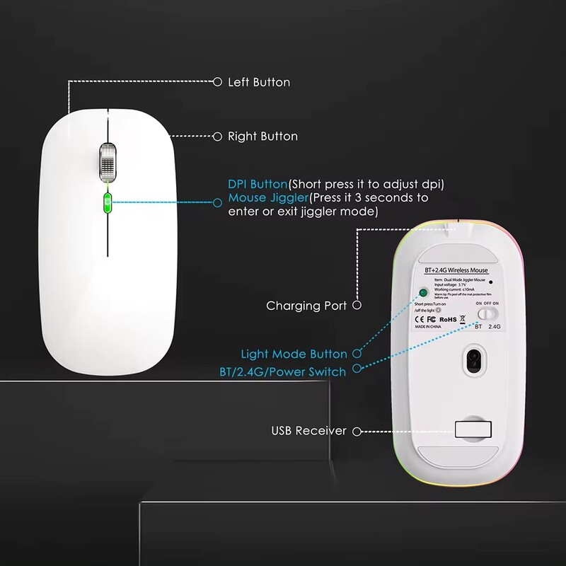 2.4G+Bluetooth Безжична мишка Подсветка Jiggler Mouse Акумулаторни безшумни ергономични мишки за iPad лаптоп компютър