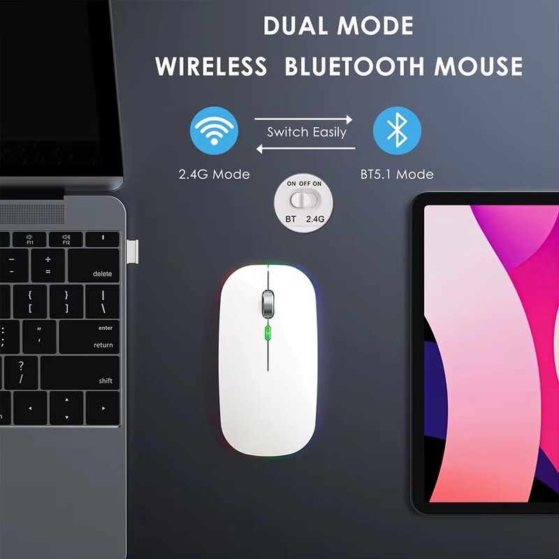 2.4G+Bluetooth Безжична мишка Подсветка Jiggler Mouse Акумулаторни безшумни ергономични мишки за iPad лаптоп компютър