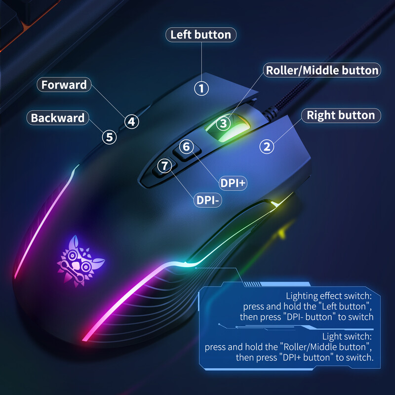 ONIKUMA Gumbi za programiranje Dinamički RGB Ergonomski dizajn Miševi Gaming Miš Podesiv 6400 DPI 6 7 za Laptop PC Gamer