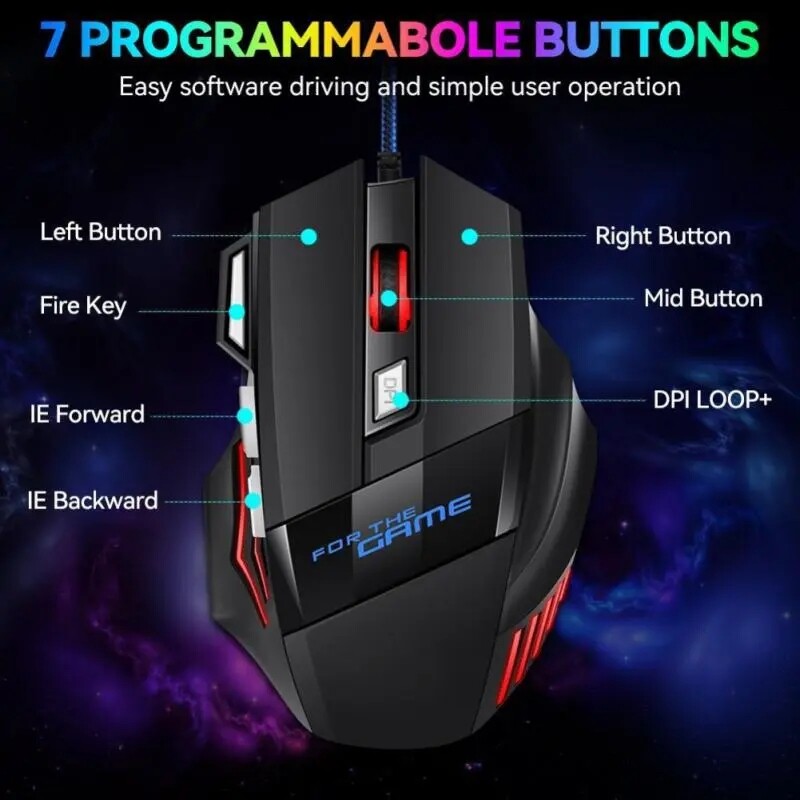 Mouse pentru jocuri cu fir Mouse pentru computer Mouse cu iluminare din spate RGB Mouse ergonomic silențios LED LED 7 butoane Mouse USB Mut pentru PC, laptop, jocuri