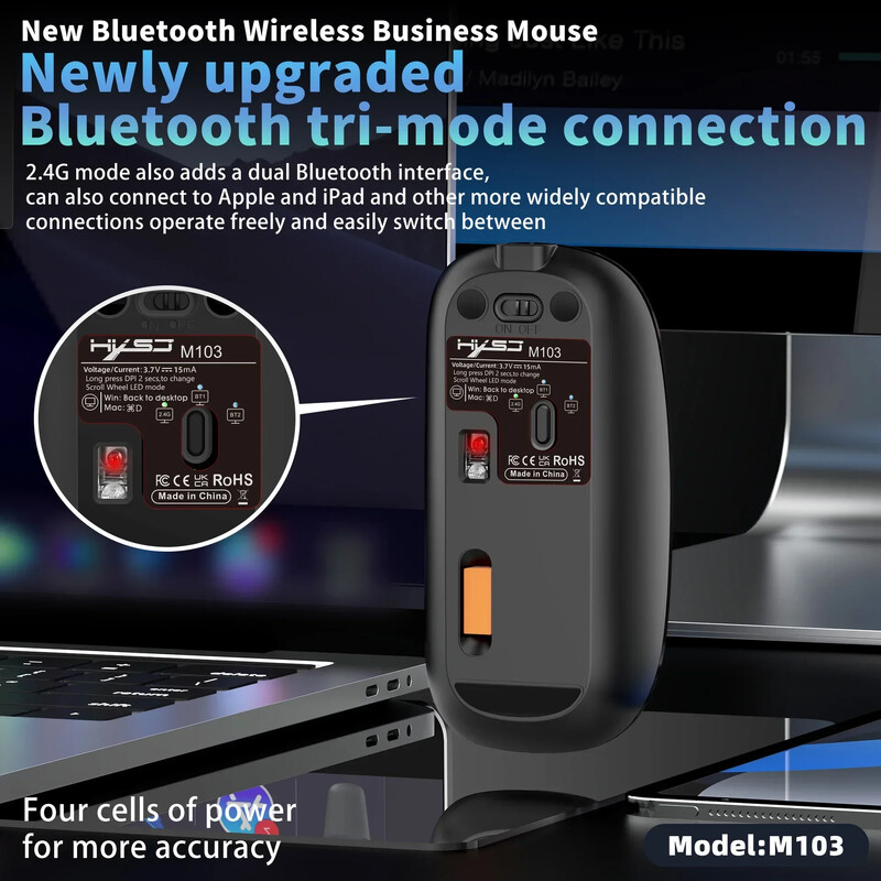 Mouse optic pentru jocuri în 3 moduri Mini portabil subțire 2.4G+BT Mouse fără fir reîncărcabil 2.4GHz pentru laptop computer PC Economisire energie