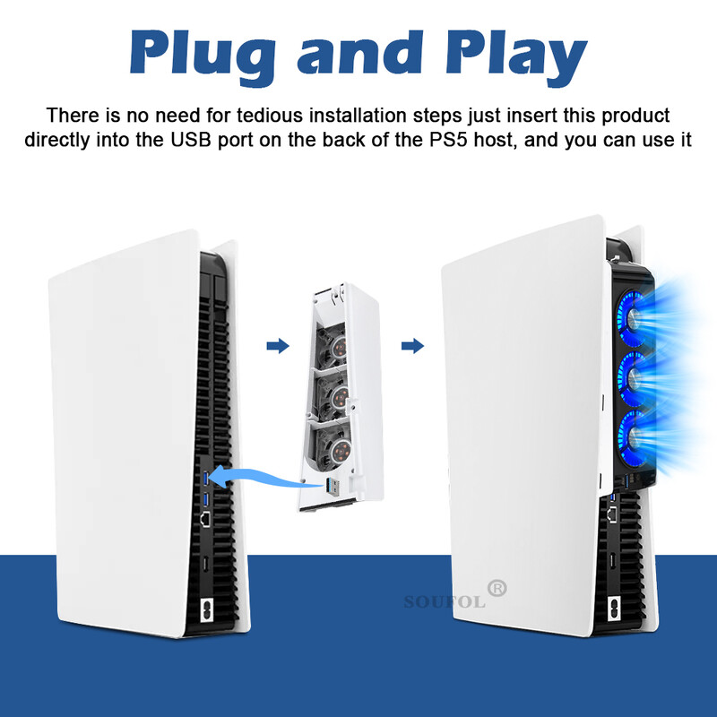 Nadograđeni ventilator za hlađenje Tihi ventilator za hlađenje LED svjetlo USB3.0 čvorišta za PS5 Playstation 5 Disc & Digital Edition Console Dodaci