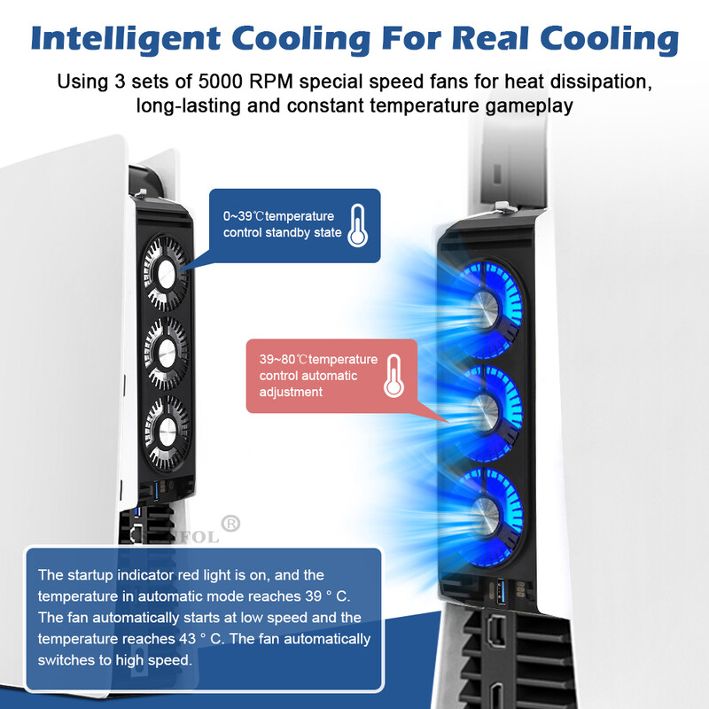 Nadograđeni ventilator za hlađenje Tihi ventilator za hlađenje LED svjetlo USB3.0 čvorišta za PS5 Playstation 5 Disc & Digital Edition Console Dodaci