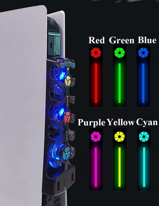 RGB aušinimo ventiliatorius, skirtas PS5 efektyviai aušinimo sistemai 3 greičių tylūs aušintuvai, skirti PS5 konsolės priedams, diskams ir skaitmeninei versijai
