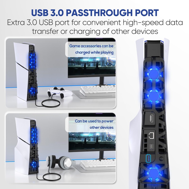 PS5 Slim Ventilatori za hlađenje Ventilator za Playstation 5 Slim Disc Edition/Digital s RGB osvjetljenjem i USB 3.0 priključkom za novi PS5