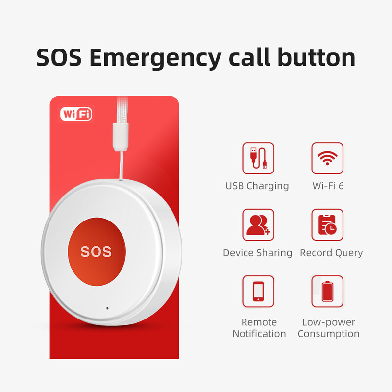 Tuya WiFi SOS Buton de apel de panică Smart Life APP Baterie reîncărcabilă Alarma cu o cheie pentru pacient, copii, bătrân, frânghie