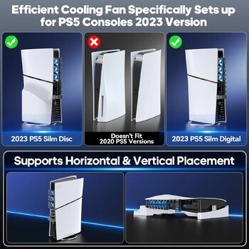 Για PS5 Slim Disc & Digital Playstation 5 Console Cooling Fan Cooler 3-Level with Blue Ambient Light Efficient