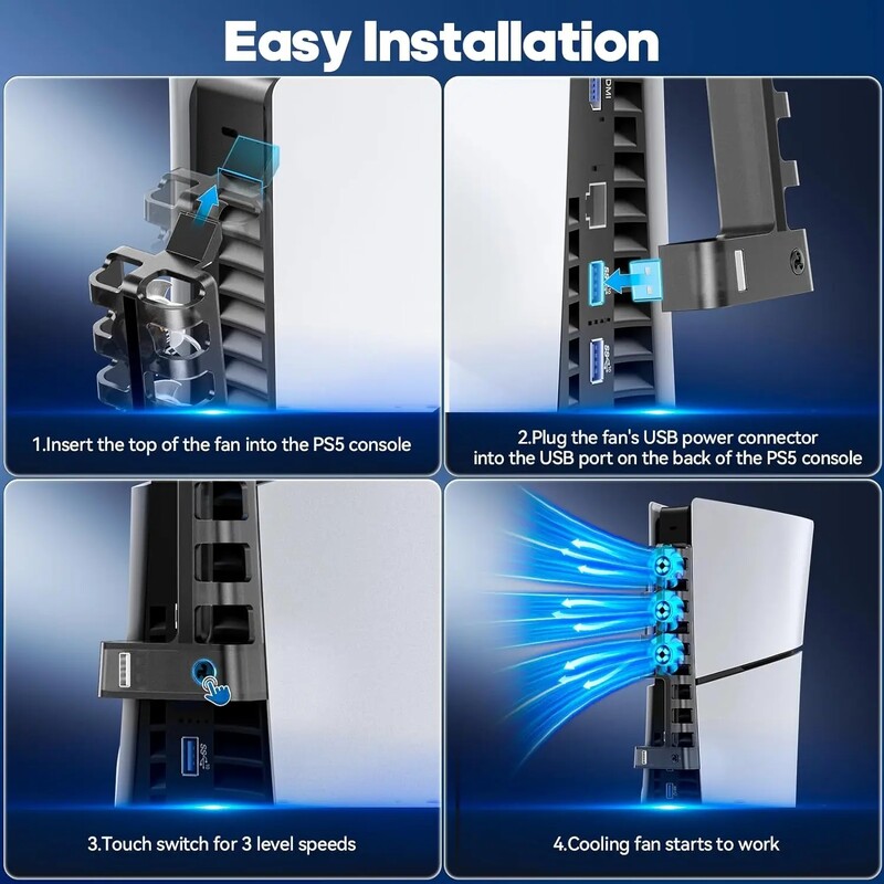 Pentru PS5 Slim Disc și Digital Playstation 5 Ventilator de răcire pentru consolă Cooler cu 3 niveluri cu accesorii eficiente pentru lumină ambientală albastră