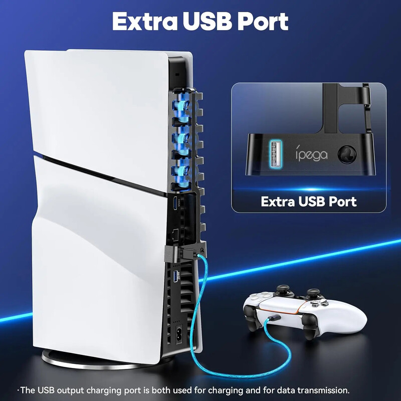 Ipega dzesēšanas ventilators PS5 Slim Disc & Digital Console 3 līmeņu ventilators ar zilu apkārtējās gaismas efektīvas dzesēšanas sistēmas piederumiem