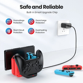 Switch Charger Dock Station 6 in 1, Charging Dock Storage Stand για Switch και Pro Controller με καλώδιο φόρτισης USB C, μαύρο