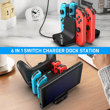 Switch Charger Dock Station 6 in 1, Charging Dock Storage Stand για Switch και Pro Controller με καλώδιο φόρτισης USB C, μαύρο