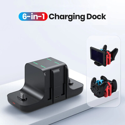 Switch Charger Dock Station 6 in 1, Įkrovimo doko laikymo stovas jungikliui ir Pro valdikliui su USB C įkrovimo kabeliu, juodas