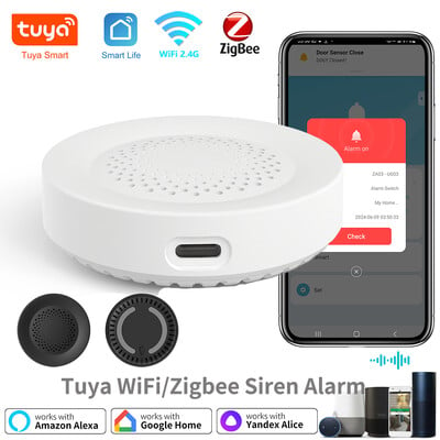 Tuya Zigbee WiFi сирена Аларма за интелигентна домашна сигурност 100db Високоговорител работи с Alexa Yandex Alice Изисква Tuya Zigbee Hub.