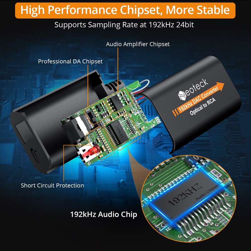 Neoteck 192kHz digitālā uz analogo audio pārveidotājs Optiskais Toslink uz RCA audio adaptera vīrišķais savienotājs DAC pārveidotājs