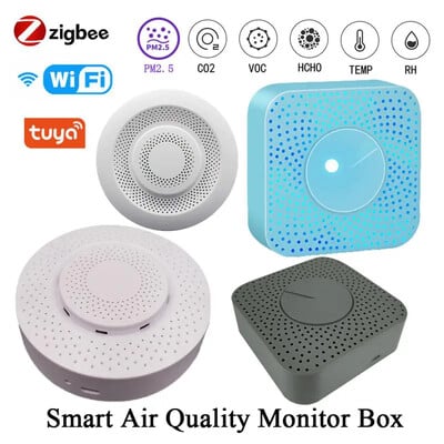 Tuya WIFI/Zigbee Smart Air Quality Monitor Box VOC HCHO PM2.5/10 Детектор за газ Измерване на температура и влажност 6 В 1 Air Housekeeper