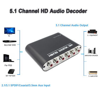 Цифрово-аналогов 5.1-канален стерео AC3 аудио DAC конвертор Оптичен SPDIF коаксиален AUX 3.5Mm към 6RCA декодер усилвател