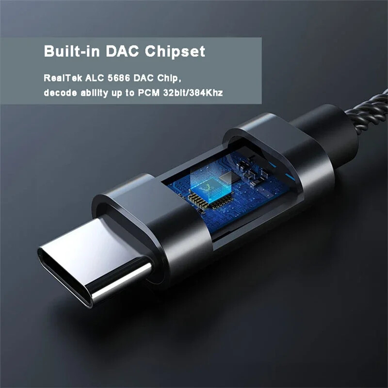 Realtek ALC5686 USB Type-C līdz 3,5 mm DAC austiņu pastiprinātājs 16-32Ω 125dB PCM 32b/384kHz digitālais dekodētājs augstas izšķirtspējas AUX audio adapteris