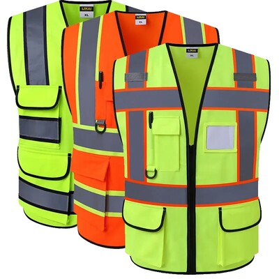 „Hi Vis“ atspindinti apsauginė liemenė su kišenėmis ir užtrauktuku vyrams ir moterims, atitinka ANSI/ISEA standartą