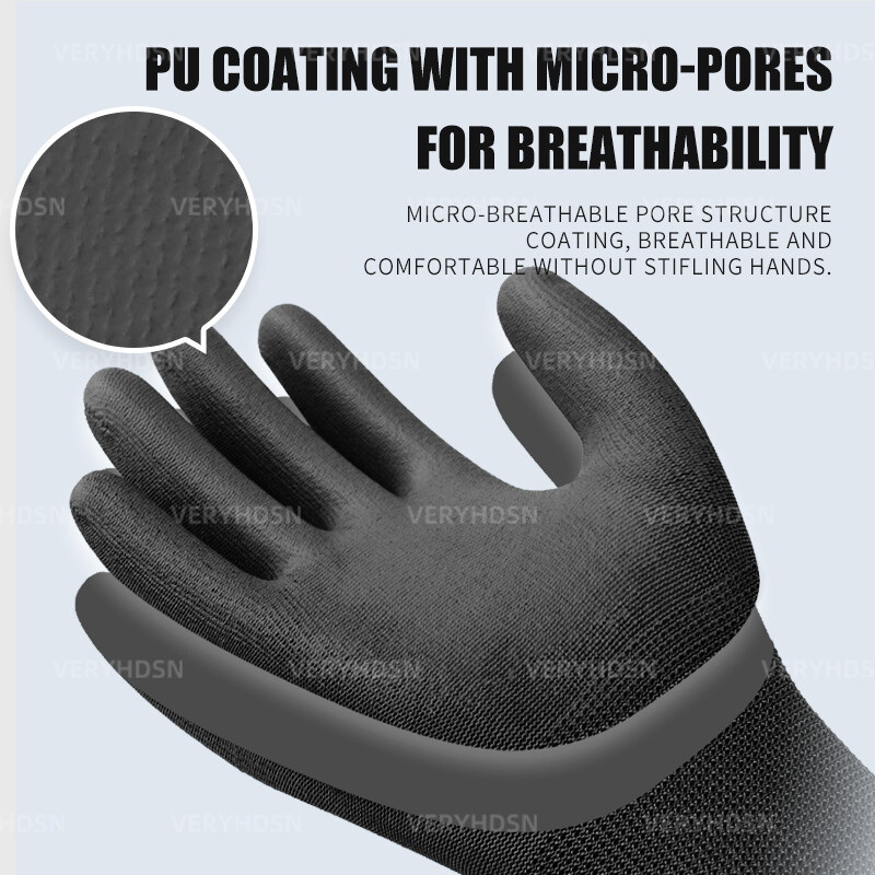 3 perechi de mănuși de lucru negre, ultra-subțiri, ușoare, de siguranță, durabile și respirabile, manșetă din tricot, acoperită cu PU, rezistentă la tăiere, pentru bărbați și femei