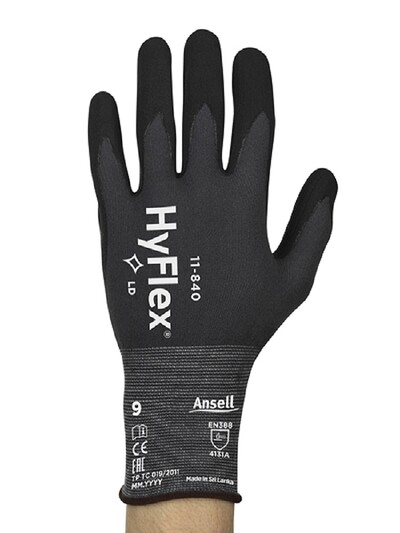 Ansell HYFLEX® 11-840(1 pora)Black Fotix nusidėvėjimui atsparaus putplasčio nitrilo delno danga juodas nailono pamušalas antikontaktinis karščio lygis 1