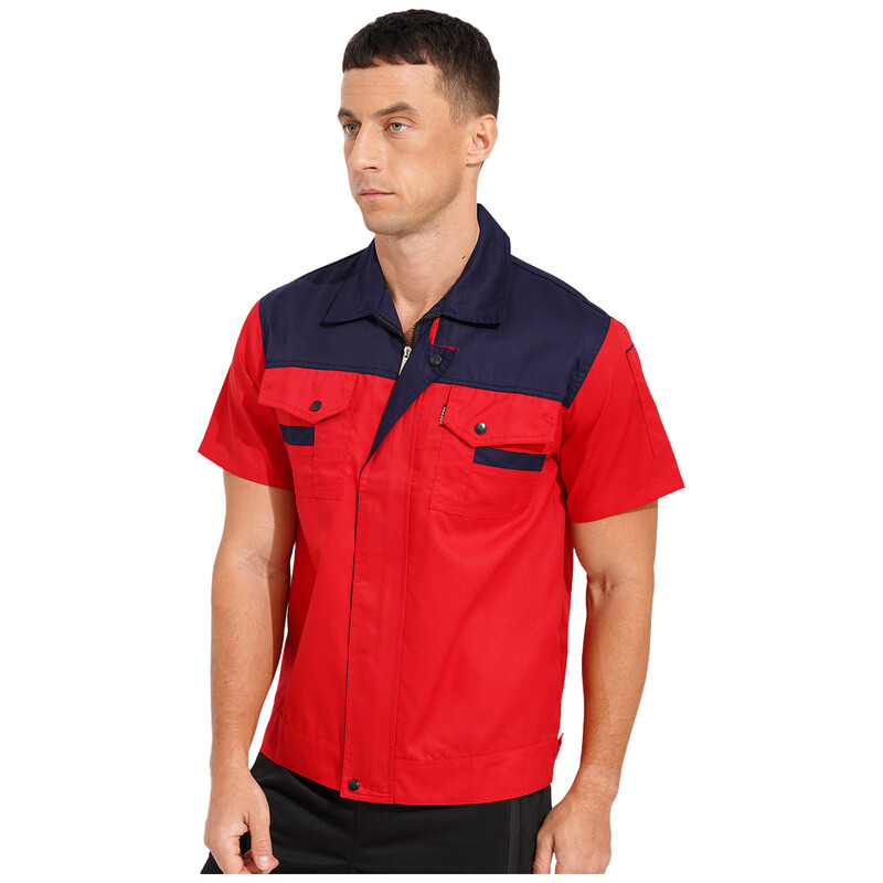 Uniforme de atelier pentru bărbați, bloc de culoare, cu mânecă scurtă, cu fermoar, jachetă de lucru, topuri, costum de mecanic industrial, cu buzunar
