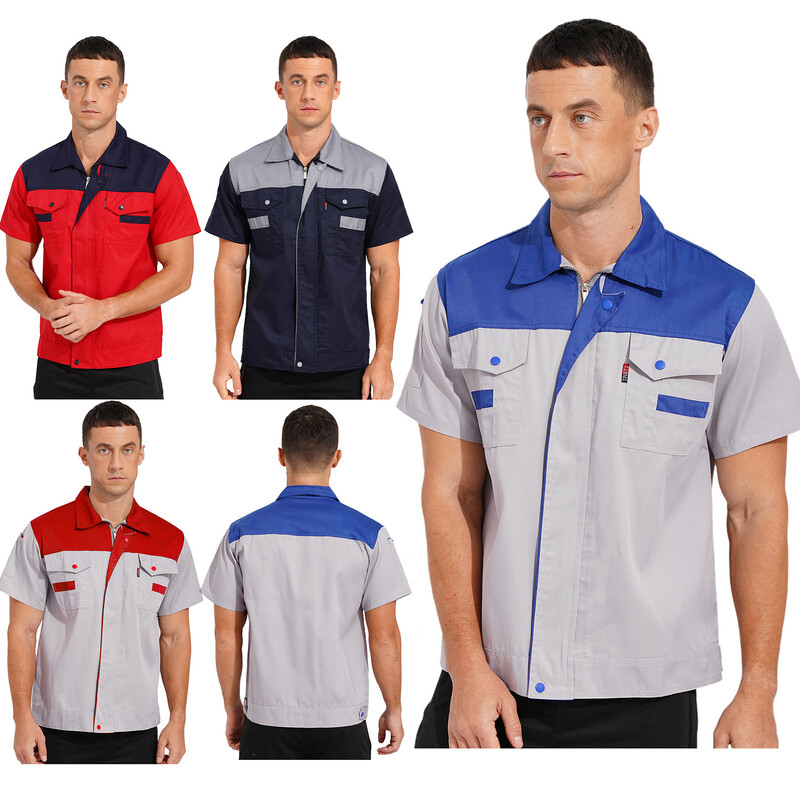 Uniforme de atelier pentru bărbați, bloc de culoare, cu mânecă scurtă, cu fermoar, jachetă de lucru, topuri, costum de mecanic industrial, cu buzunar