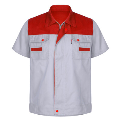 Meeste tööriided Meeste värvi plokk lühikeste varrukatega tõmblukuga tööjope Tehase töötajate vormiriietus mehaaniku kostüüm Töökoja vormiriietus