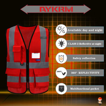 AYKRM 21 Έγχρωμο (XS-8XL) Hi Vis Viz Ανακλαστικό με φερμουάρ υψηλής ορατότητας γιλέκα ασφαλείας Γιλέκα για ρούχα εργασίας