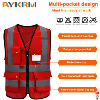 AYKRM 21 Έγχρωμο (XS-8XL) Hi Vis Viz Ανακλαστικό με φερμουάρ υψηλής ορατότητας γιλέκα ασφαλείας Γιλέκα για ρούχα εργασίας