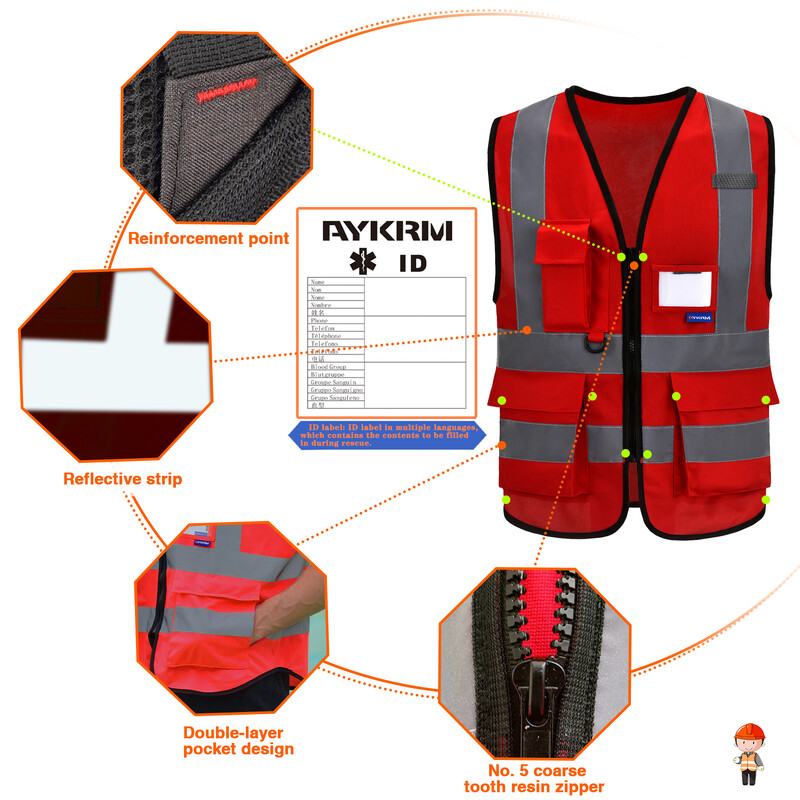 AYKRM 21 Spalva (XS-8XL) Hi Vis Viz Geras matomumas Šviesą atspindinti užtrauktuko kišenė Apsauginė liemenė Striukė Darbo drabužių liemenės