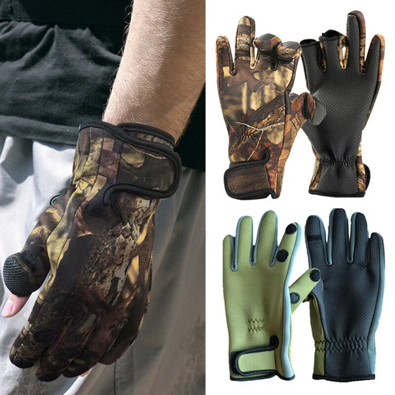 Mănuși calde anti-alunecare, respirabile, Pescuit, Ciclism, Pescuit, Iarnă, pentru bărbați, apă sărată, impermeabilă, cu 3 camuflaj fără degete