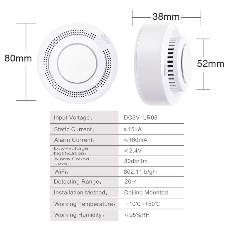 Tuya WiFi dūmų detektoriaus jutiklio gaisro signalizacija veikia su Smart Life APP informacija Push Smart Home apsaugos sistema