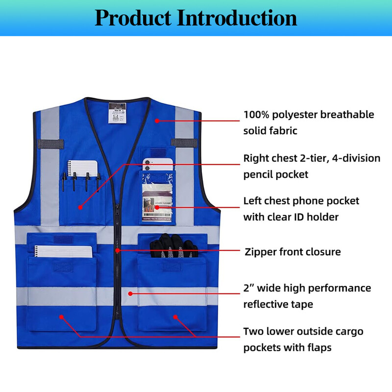 Plavi sigurnosni prsluci visoke vidljivosti, reflektirajuća muška radna odjeća s više džepova, fluorescentni prsluk za prometne radnike