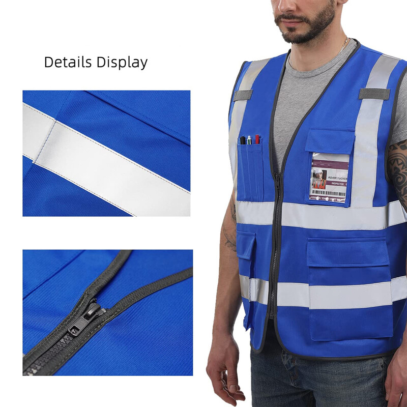 Plavi sigurnosni prsluci visoke vidljivosti, reflektirajuća muška radna odjeća s više džepova, fluorescentni prsluk za prometne radnike