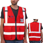 Sarkana atstarojoša drošības veste ar vairākām kabatām un rāvējslēdzēju priekšā vīrieša darba apģērbi Hi Vis jaka Augstas redzamības drošības veste