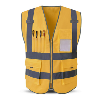 Sarkana atstarojoša drošības veste ar vairākām kabatām un rāvējslēdzēju priekšā vīrieša darba apģērbi Hi Vis jaka Augstas redzamības drošības veste