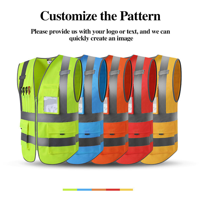 Sarkana atstarojoša drošības veste ar vairākām kabatām un rāvējslēdzēju priekšā vīrieša darba apģērbi Hi Vis jaka Augstas redzamības drošības veste