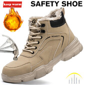 Cizme de iarnă pentru bărbați Cizme de siguranță la locul de muncă Pantofi de protecție de securitate Cizme pentru bărbați Cizme calde de pluș, anti-zdrobire, anti-alunecare, cu vârf de oțel.