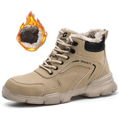 Cizme de iarnă pentru bărbați Cizme de siguranță la locul de muncă Pantofi de protecție de securitate Cizme pentru bărbați Cizme calde de pluș, anti-zdrobire, anti-alunecare, cu vârf de oțel.